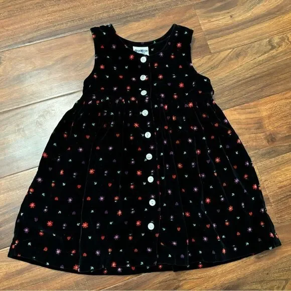 Osh Kosh B’Gosh vintage velour black floral button down sleeveless dress