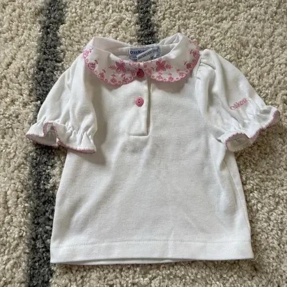 Vtg 90s OshKosh White Pink Collar Baby Girl Shirt Size 6-9 Months Embroidered