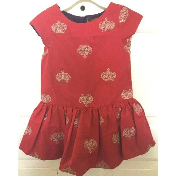 Genuine Kids Oshkosh Toddler Girl Burgundy Dress Gold Embroidered Crown Print 2T