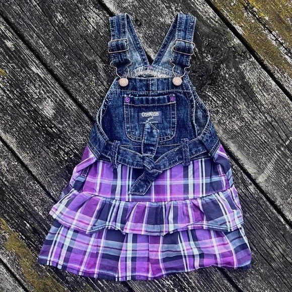 OshKosh B'gosh Overall Dress Kids 18 Months Purple Plaid Denim‎ EUC