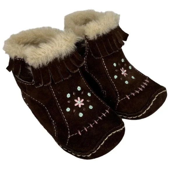 Stride Rite Leather Chincilla Moccasin Booties Embroidered Girls Brown 3