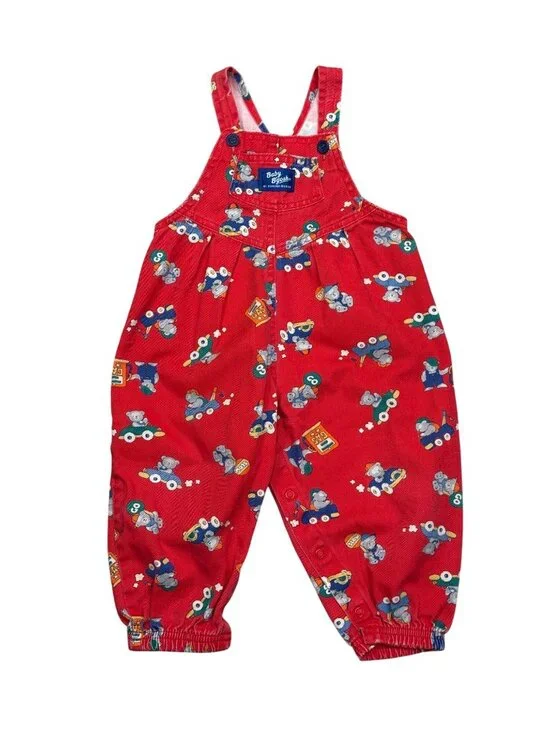 90s Vintage Osh Kosh B Gosh Baby Boys Red Overalls 24M Construction Bears Print