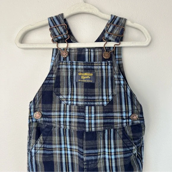 VTG OshKosh B'gosh Baby 3M Navy Blue Green Plaid Overalls Vestbak Cotton RETRO