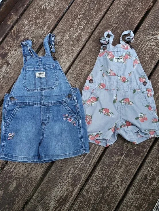 Oshkosh Overalls Shorts Toddler Baby 3T Girls Floral Fruit Pink Cute Embroidered