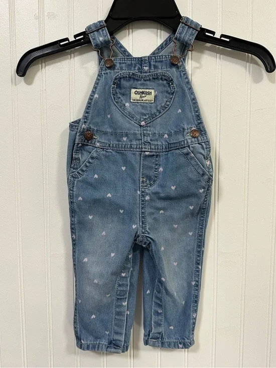 OshKosh 9mo Denim Heart Print Overalls Light Blue with Pink Hearts Heart Pocket