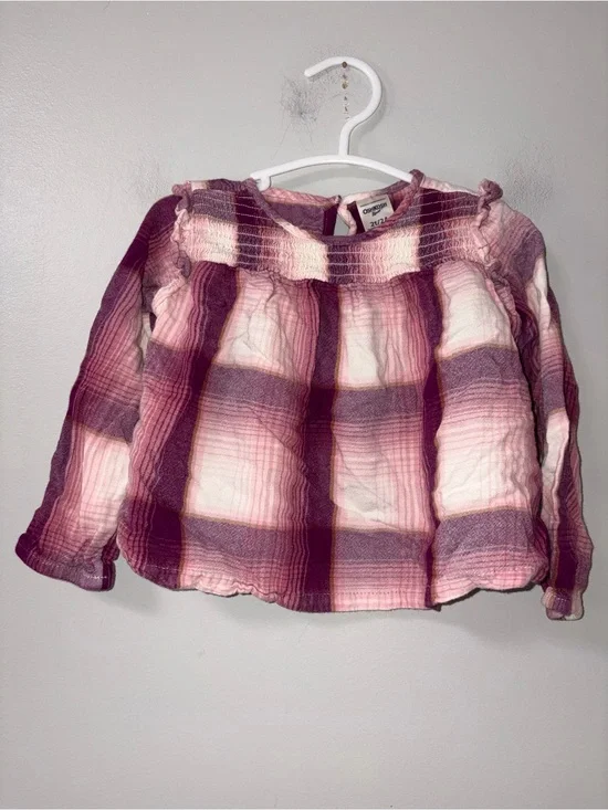 Oshkosh B’gosh Purple Pink White Plaid Long Sleeve Top Girls 2T Fits Small