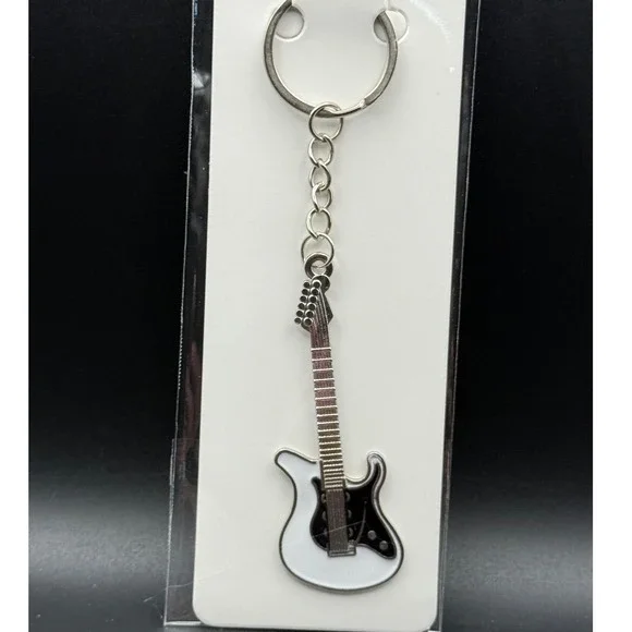 White Electric Guitar Keychain Silver Tone Metal Music Instrument Key Ring New