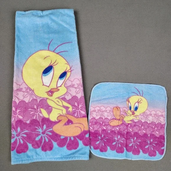 VINTAGE Tweety Bird Beach Towel Washcloth Set Looney Tunes WB New Dated 2000