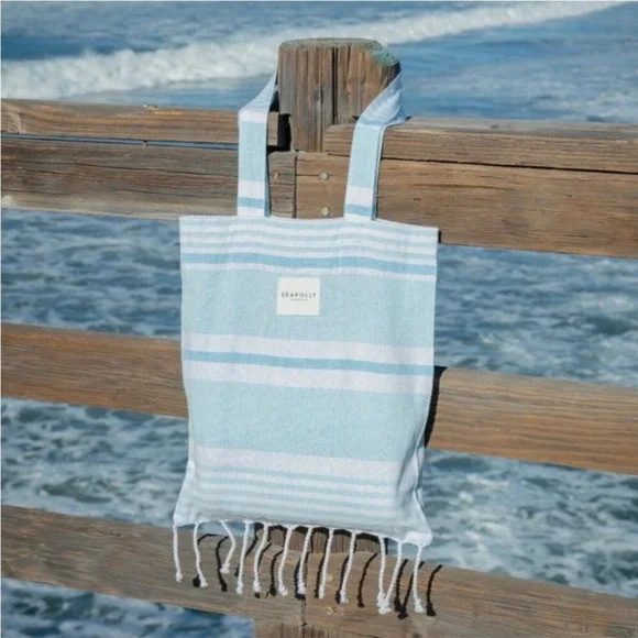 Seafolly Australia Turkish Towel‎ Set Blue Mist Stripe Beach Bag NEW