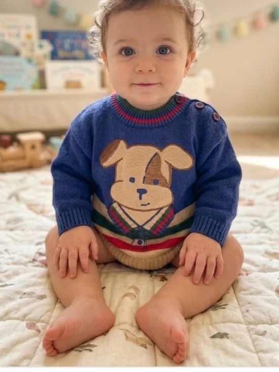 Vintage Rare OshKosh B’Gosh Blue Knit Baby Dog Preppy Pullover Sweater 12 Mos