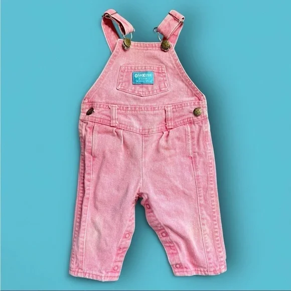 Vtg Osh Kosh B'Gosh Overalls Sz 12mon Vestback Pink Acid Wash Pleated Bibs READ