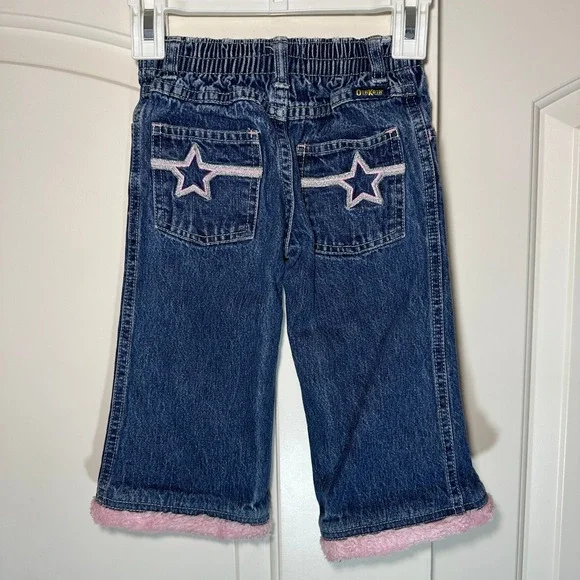 Vintage OshKosh B'gosh Toddler Girls Y2K Jeans 1T Pink Fuzzy Hem Star Denim