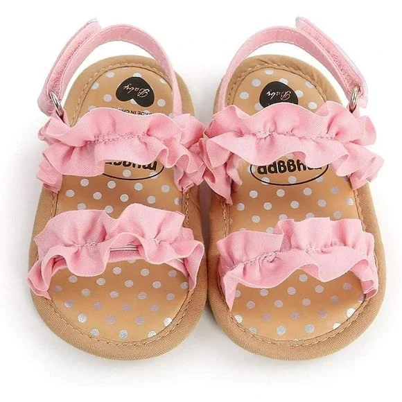 Myggpp Baby Girls Pink Ruffle Sandals Polka Dot Soft Sole Summer Shoes 0-6M