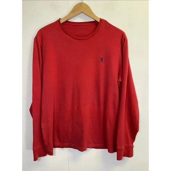 POLO RALPH LAUREN Men's L Red Long Sleeve Crew Neck Shirt Tee Cotton Pony‎ Logo