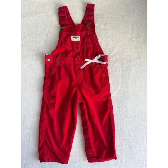 Vintage OshKosh B'gosh Red Corduroy Overalls with White Bow 24 Months Y2K‎ 80s