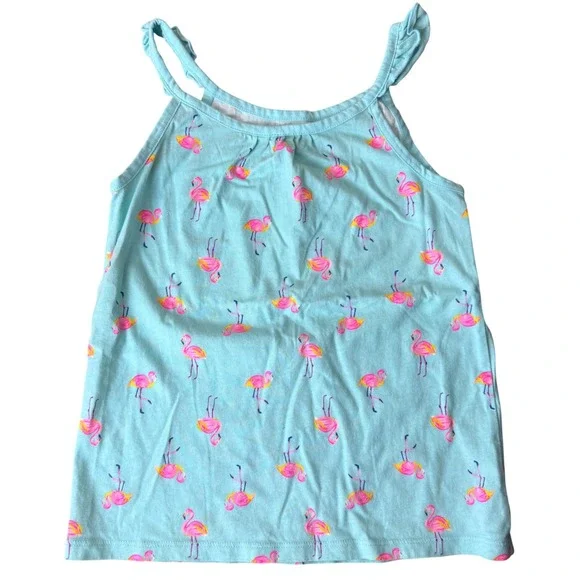 OshKosh Bgosh Girls Size 7 Aqua Blue Pink Flamingo Print Ruffle Tank Top Shirt