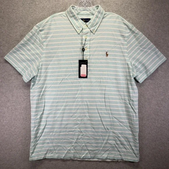 Ralph Lauren Polo Shirt Mens XL Blue White Striped Knit Oxford Cotton Casual