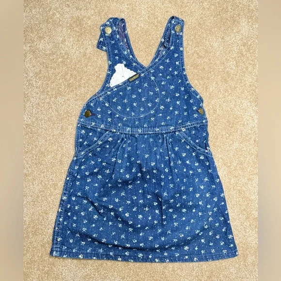 Vintage USA Oshkosh B’gosh Lace Denim Floral Print Vestbak Overall Dress,‎ SZ 5