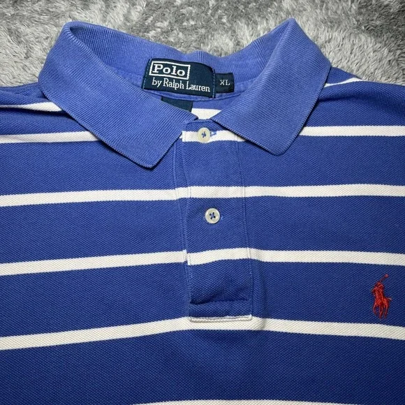 VTG Polo Ralph Lauren Shirt Men's XL Blue White Stripe Short Sleeve 90s