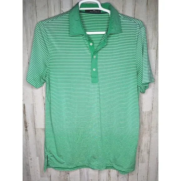 Ralph Lauren RLX Polo Shirt Mens Large Green Striped Short‎ Sleeve Logo Golf