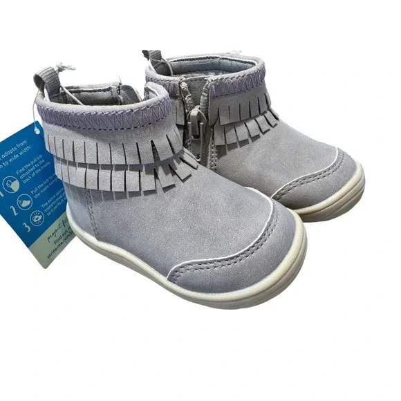 Stride Rite Bianca Fringe Ankle Boots Baby Girls Size 3M Grey Faux Suede Boho