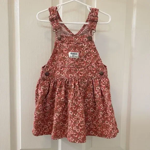 Oshkosh B'gosh Pink Floral Corduroy Overall Dress Jumper Girls Size 3T