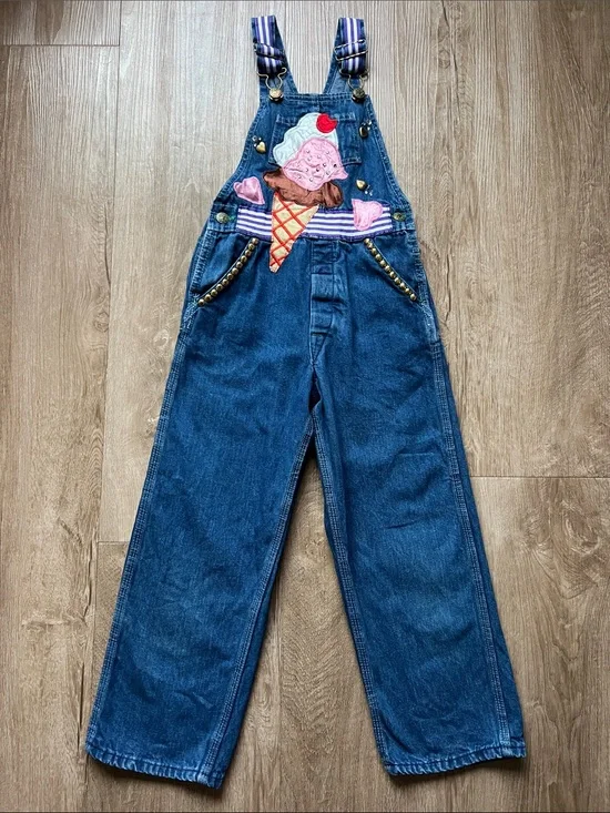 Vintage OshKosh B’gosh Girls Whimsical Studded Ice Cream Denim Overalls