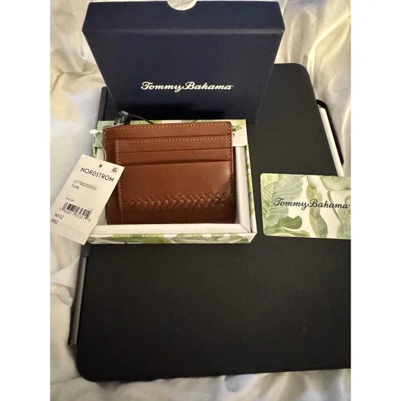 Tommy‎ Bahama Mens Leather Card Case Wallet Slim Tan Nordstrom New with Box