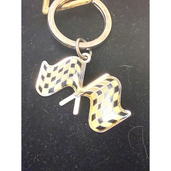 Vintage Focus Checkered Racing Flag Keychain Mixed Metal Lobster Clasp Charm