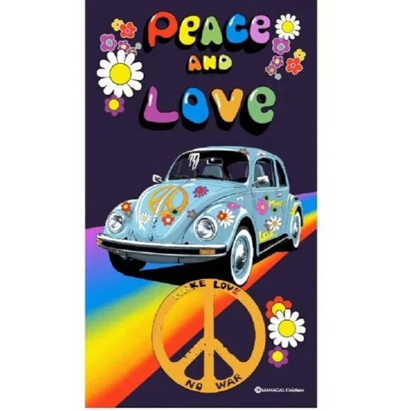 New Peace and Love Bug Beach Bath Pool Towel Hippie Gift Rainbow Flowers 60's