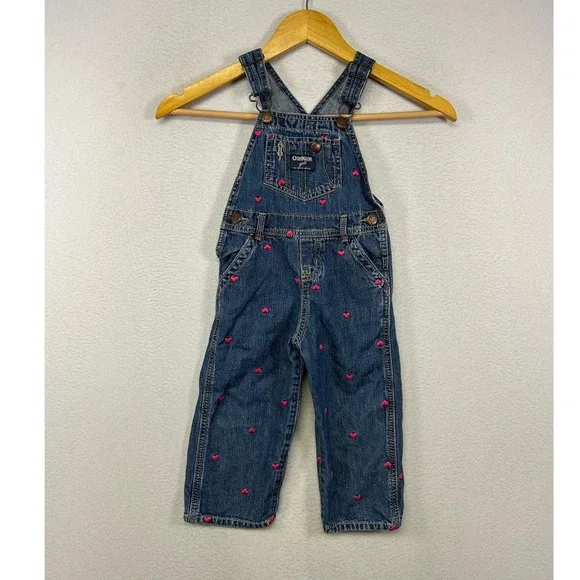 Valentine Heart OshKosh B'gosh Toddler 2T Blue Pink Embroidered Denim Overalls