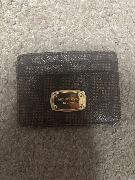 Michael Kors Brown Logo Monogram Card Holder with Gold Plaque
