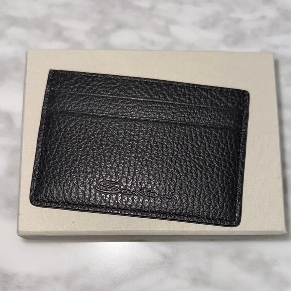 Santoni Black Pebbled Leather Card Holder