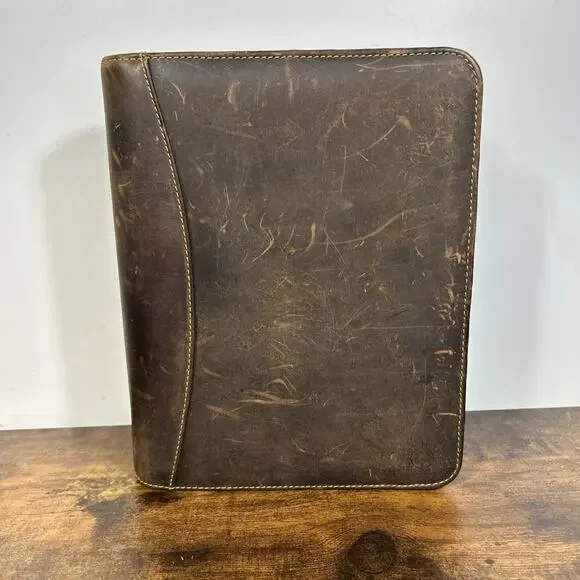 Vintage Franklin Covey 7 Ring Full Grain Leather Classic Brown Zip Planner USA