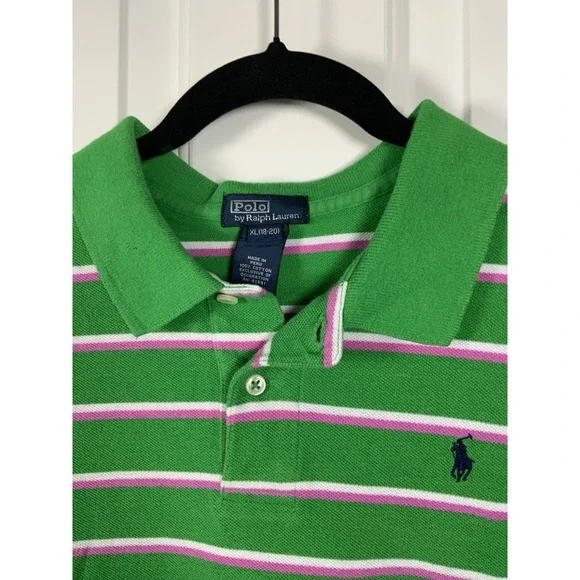 Ralph Lauren You G Men's‎ Golf Polo, Sz 18/20, Green Stripped Cotton