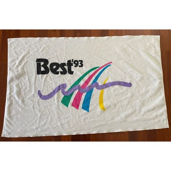 90's Vintage Beach Towel Best '93 Made in USA Waves Rainbow Colorful Large White