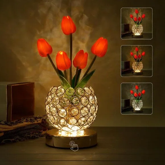 Crystal Red Tulip Flower Rechargeable Cordless Touch Light Lamp Home Decor