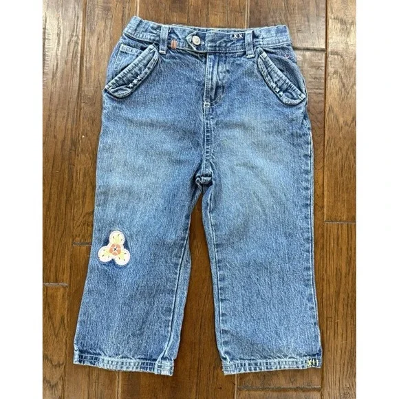 Vintage OshKosh Jeans Girls 5T Kids Embroidered Flowers Adjustable Wide Leg Boho
