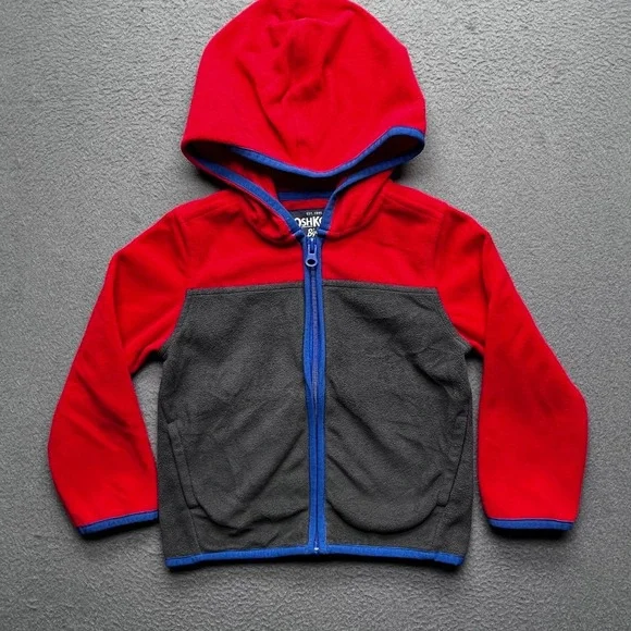 OshKosh B'gosh Boys Fleece Hoodie Polyester 2T Colorblock Red Grey Zip Jacket