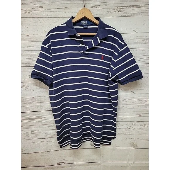 Ralph Lauren Polo Men's Large‎ Navy White Stripes Short Sleeve Top Cotton Read