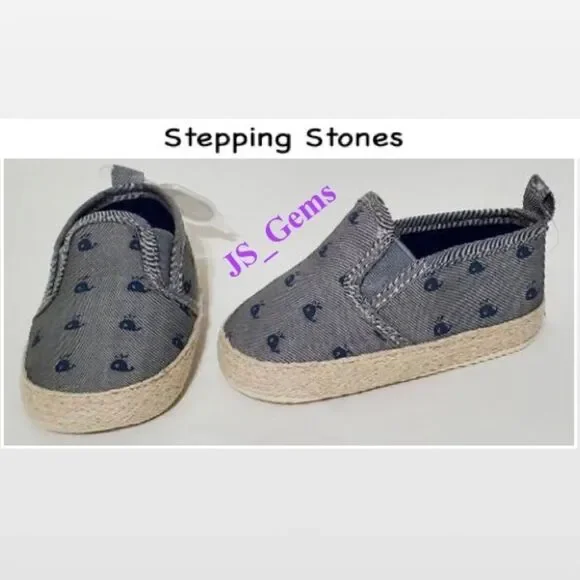 New First Step Shoes Baby Size 2 Blue Whales Gray Canvas Infant Kid Casual NWT