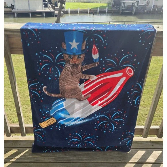 Cat Patriotic Firework Rocketpop Beach Towel Navy Blue 61x32 Spirit of America