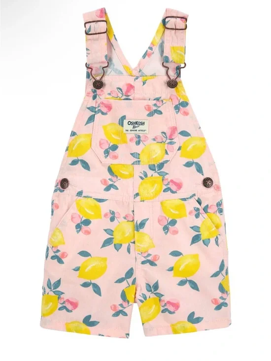 OshKosh B'gosh Toddler ShortallsLight Pink Lemon Print Cotton Overalls size 4T