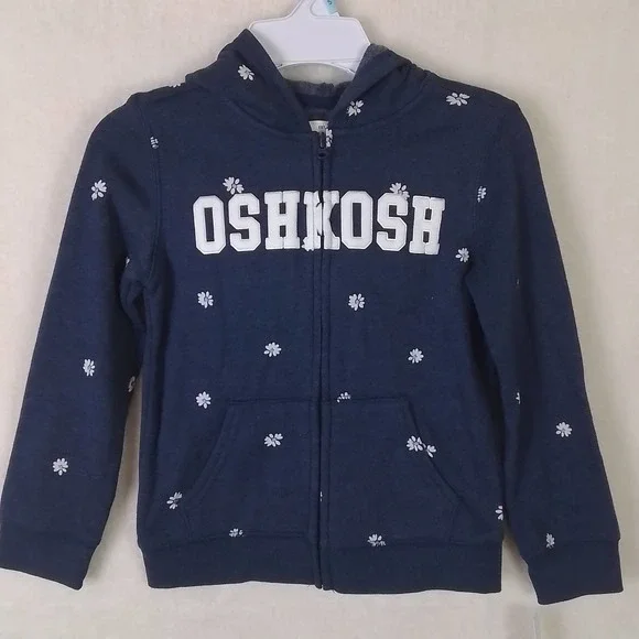 Oshkosh Full‎ Zip Fleece Hoodie Girl's Size 5T in Denim Blue w/ White Daisies