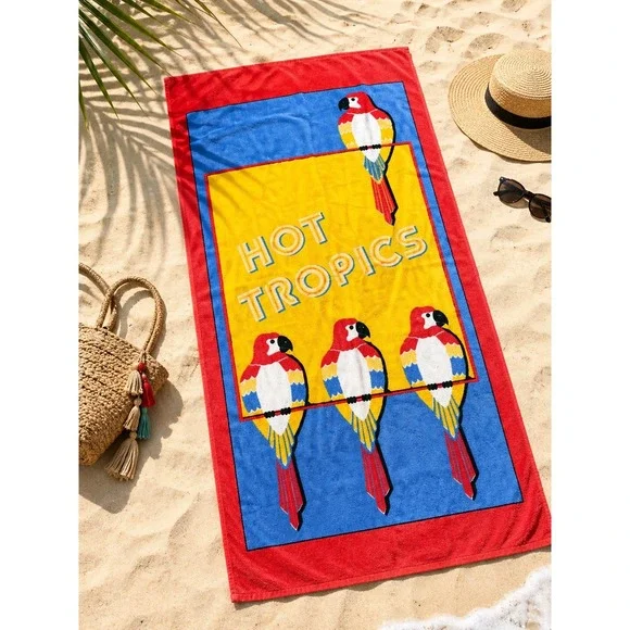Vintage Cotton Beach Towel‎ 80s Parrot Hot Tropics Bright Colorful Tropical Pool