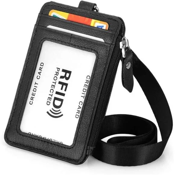 Badge Holder with Zipper Genuine Leather RFID Keychain Wallet Neck Lanyards