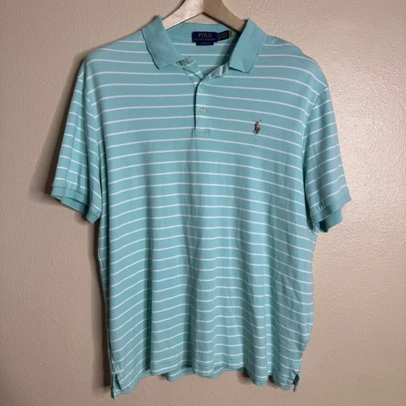 Ralph Lauren Shirt Men's XL Aqua Striped Polo Classic Fit Short Sleeve Soft