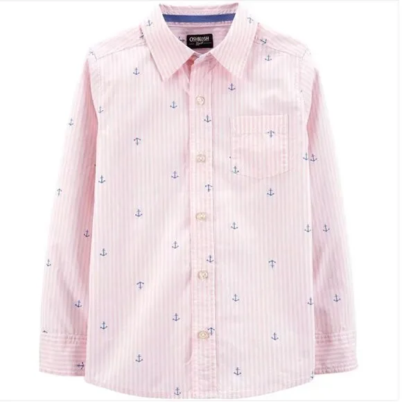 OshKosh Boys NWT Pinstripe Poplin Button Front Shirt Pink Striped Anchors Size 6