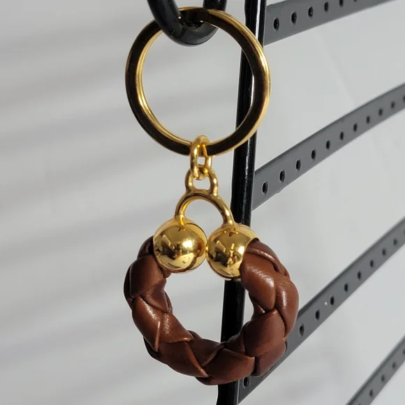 BOTTEGA VENETA Leather Braided Gold Tone Key Ring