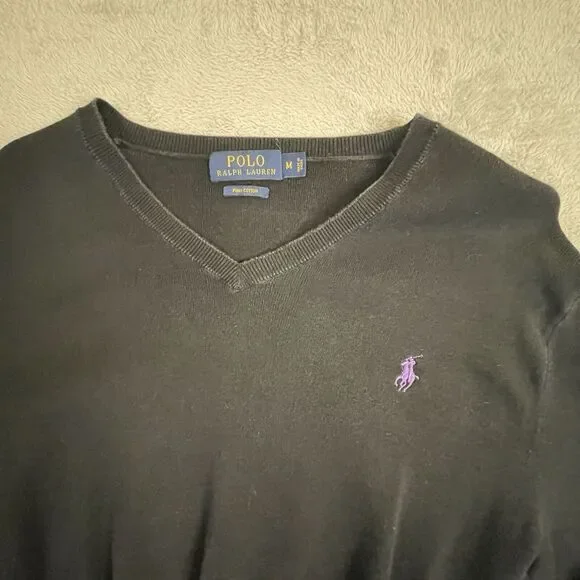 Polo Ralph Lauren Men's Medium Jumper Navy Black Pima Cotton V Neck‎ Pullover